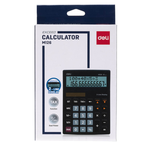 Калькулятор настольный DELI "M126" 12 разрядный, 180х128х37 мм, двухстрочный, черный фото 2