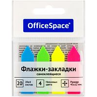 Закладки самоклеящиеся OfficeSpace "Стрелка" 45х12 мм, пластиковые, 20 л х 4 неоновых цвета