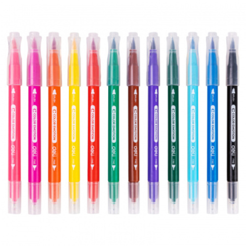 Фломастеры DELI "Color Emotion", 12 цветов, двусторонние, пластиковая упаковка фото 2