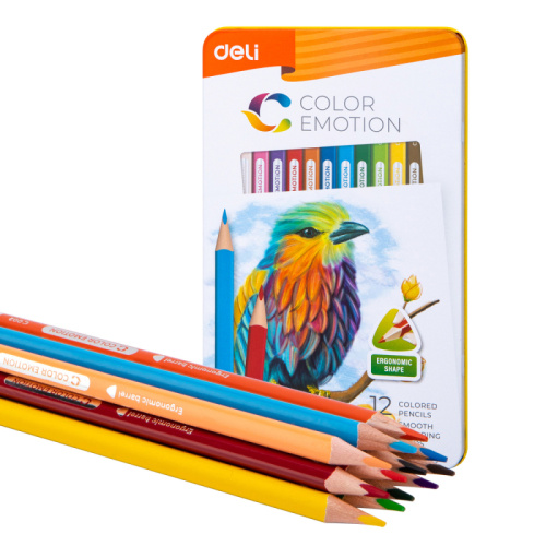 Карандаши цветные DELI "Color Emotion", 12 цветов, в металлической коробке фото 2