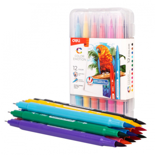 Фломастеры DELI "Color Emotion", 12 цветов, двусторонние, пластиковая упаковка