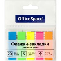 Закладки самоклеящиеся OfficeSpace 45х12 мм, пластиковые, 20 л х 5 неоновых цветов