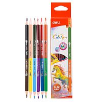 Карандаши цветные DELI "ColoRun", двухсторонние, 6 штук, 12 цветов, картон